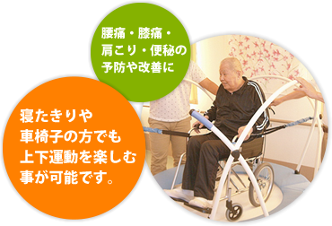 寝たきりや車椅子の方でも上下運動を楽しむ事が可能です。